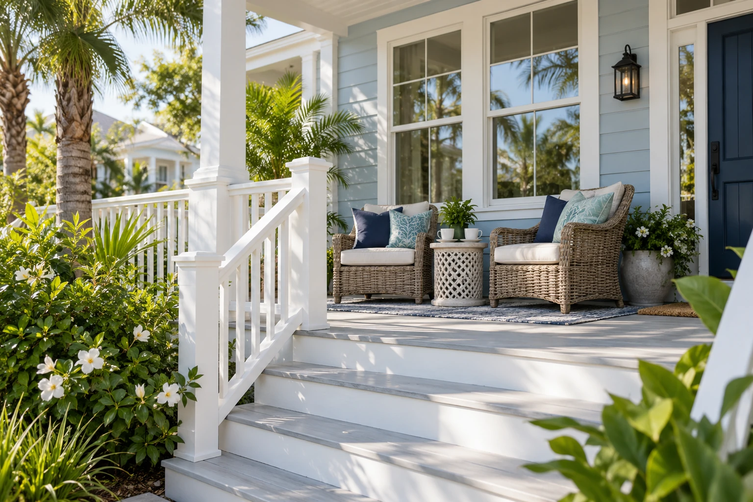 A sunlit coastal porch with clear windows, clean steps, and two comfortable chairs